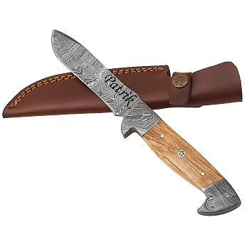 Exkluzívny nôž z damascénskej ocele a fixnou čepeľou olivové drevo a okrasný pin