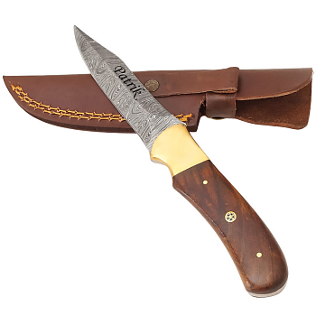 Exkluzívny nôž z damascénskej ocele a fixnou čepeľou palisandrové drevo s mosadzou a okrasný pin