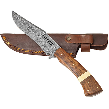 Exkluzívny nôž z damascénskej ocele a fixnou čepeľou palisandrové drevo s mosadzným pruhom