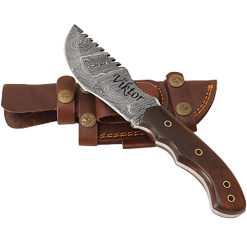 Exkluzívny nôž z damascénskej ocele a fixnou čepeľou a rukoväťou z palisandrového dreva Tracker so zubami
