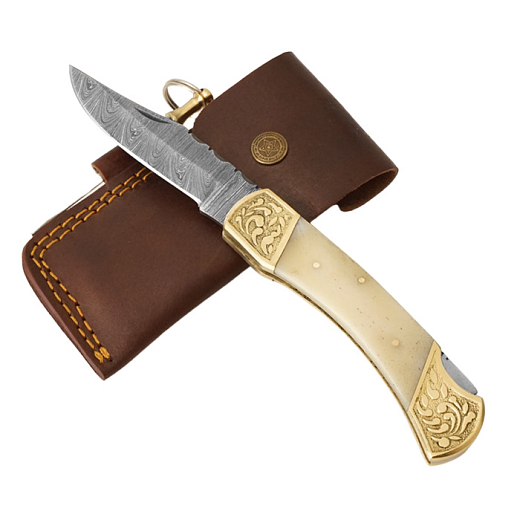 Exkluzívny nôž z damascénskej ocele s mosadznou rukoväťou a kosťou z ťavy