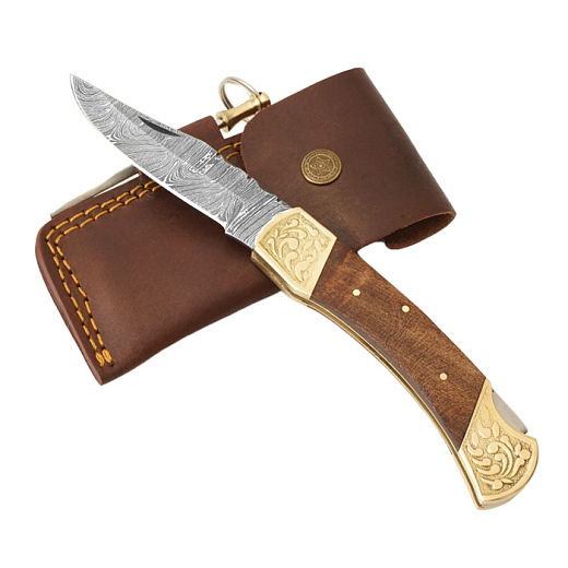 Exkluzívny nôž z damascénskej ocele s mosadznou rukoväťou a orechovým drevom