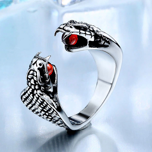 Luxusný oceľový prsteň Snake s červenými kameňmi