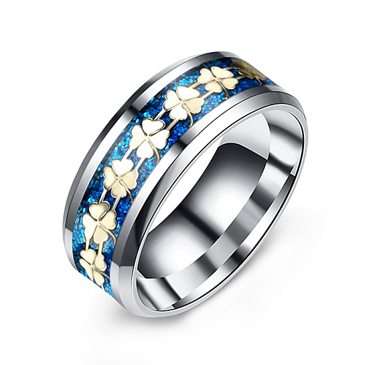 Oceľový prsteň Štvorlístok s modrými trblietkami